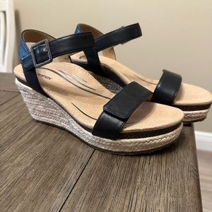 Aetrex Sydney Espadrille Wedge Sandal Black Leather Women EU 38 US 7.5 8 New!
